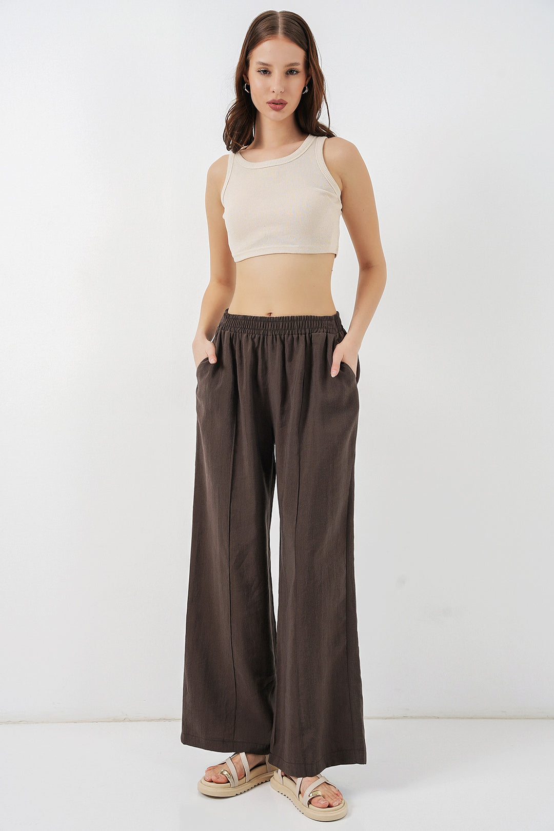 BGD Women Kadın Beli Lastikli Bol Paça Pantolon 30087 - A.Kahve - Noblesville