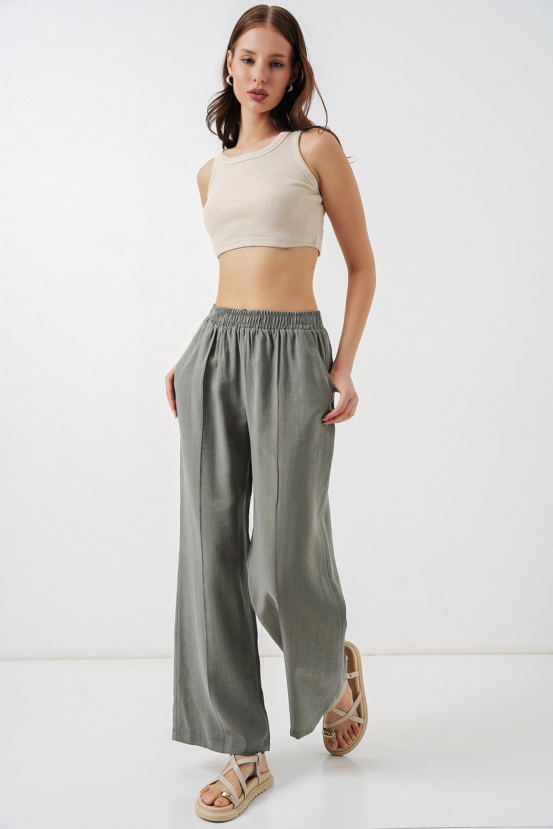 BGD Women Kadın Beli Lastikli Bol Paça Pantolon 30087 - Gri - Nicastro
