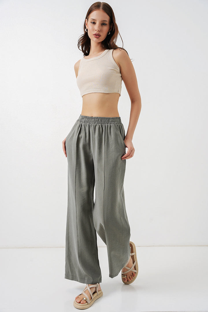 BGD Women Kadın Beli Lastikli Bol Paça Pantolon 30087 - Gri - Nicastro