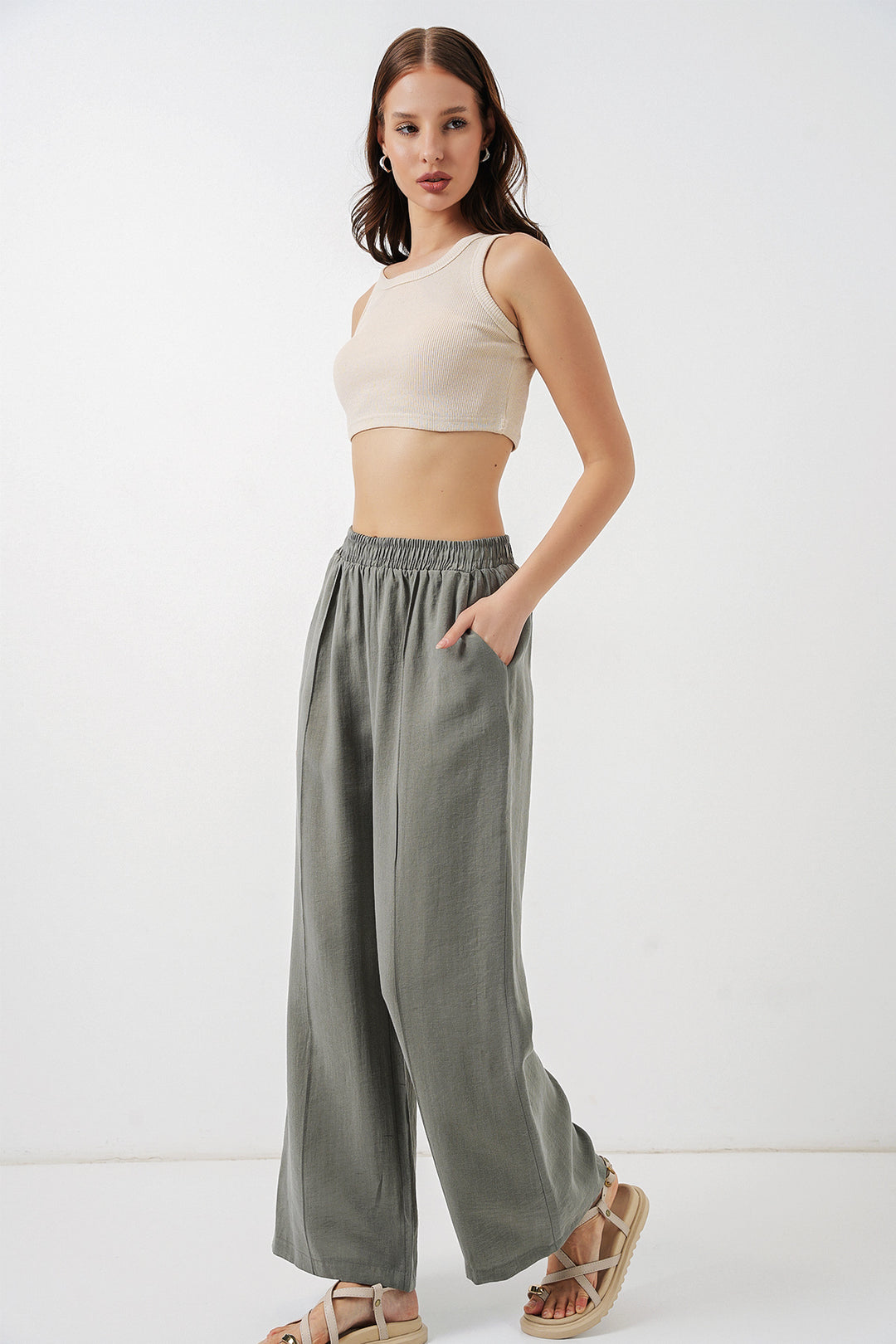 BGD Women Kadın Beli Lastikli Bol Paça Pantolon 30087 - Gri - Nicastro