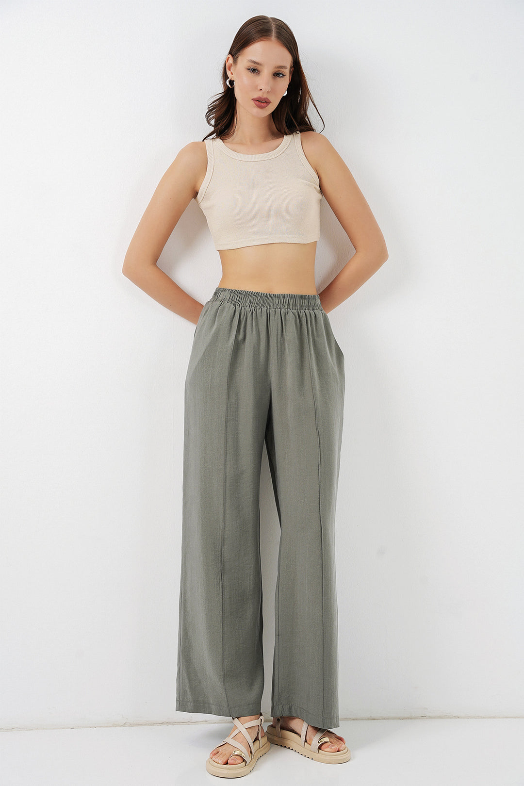 BGD Women Kadın Beli Lastikli Bol Paça Pantolon 30087 - Gri - Nicastro
