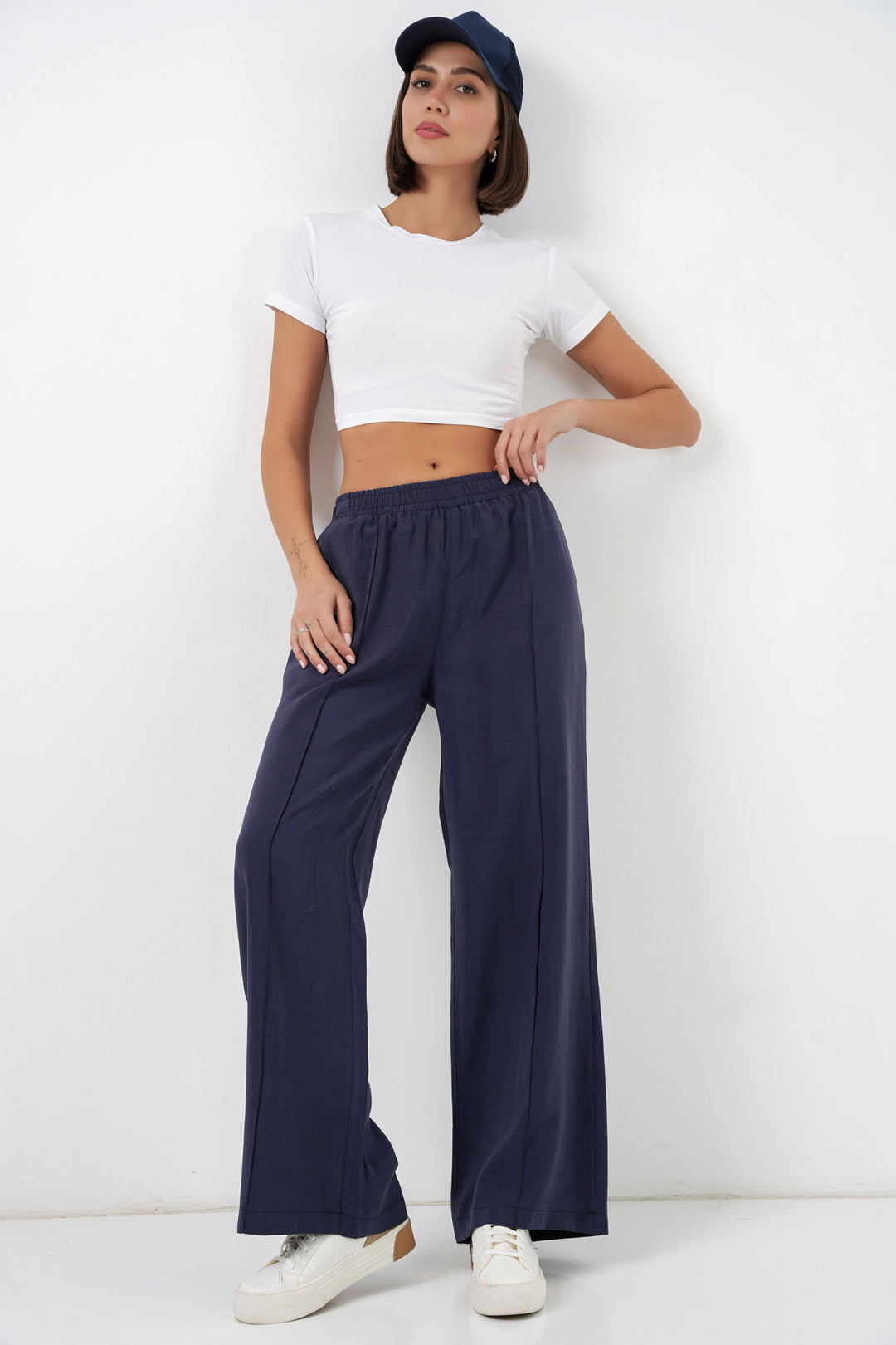 BGD Women Kadın Beli Lastikli Bol Paça Pantolon 30087 - Lacivert - Evansville
