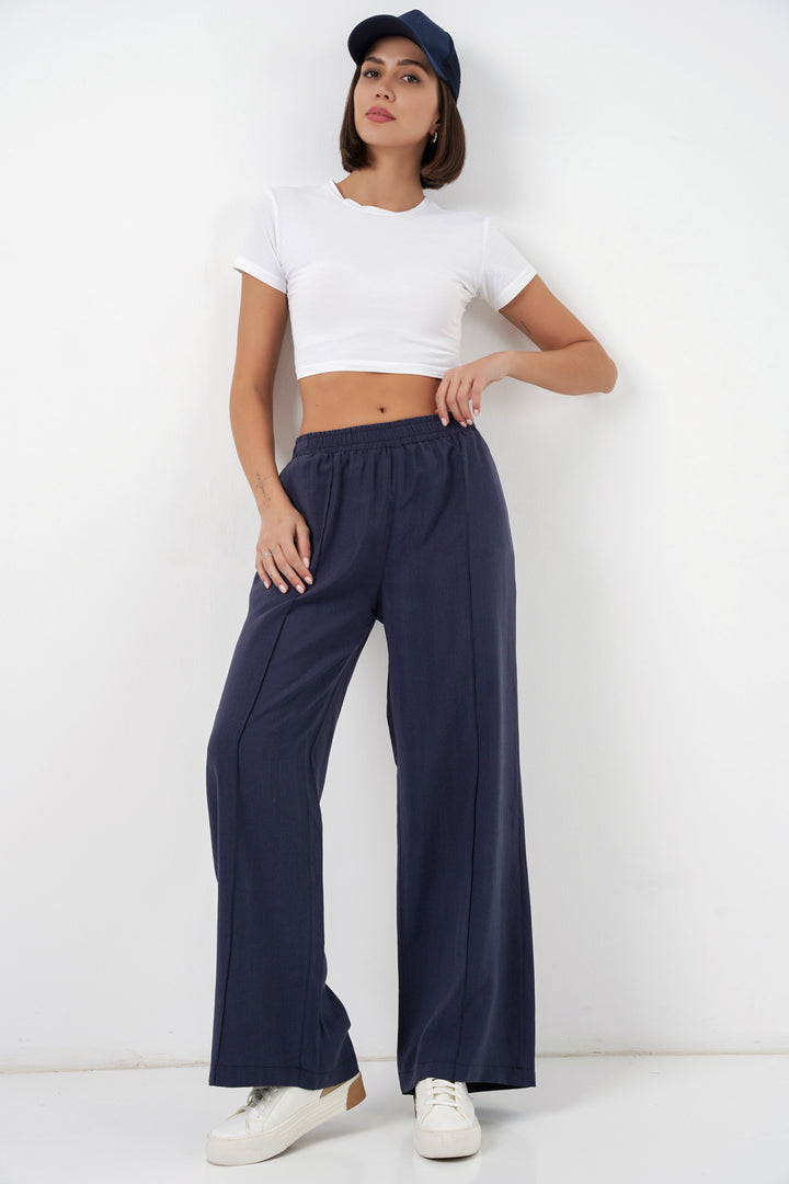 BGD Women Kadın Beli Lastikli Bol Paça Pantolon 30087 - Lacivert - Evansville