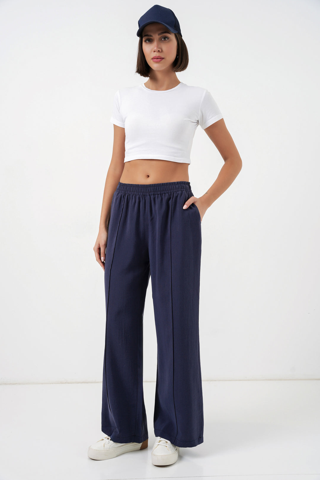 BGD Women Kadın Beli Lastikli Bol Paça Pantolon 30087 - Lacivert - Evansville