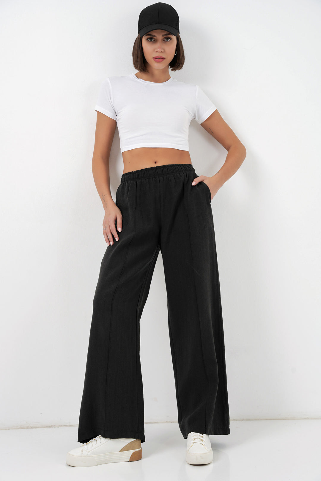 BGD Women Kadın Beli Lastikli Bol Paça Pantolon 30087 - Siyah - Chicoutimi