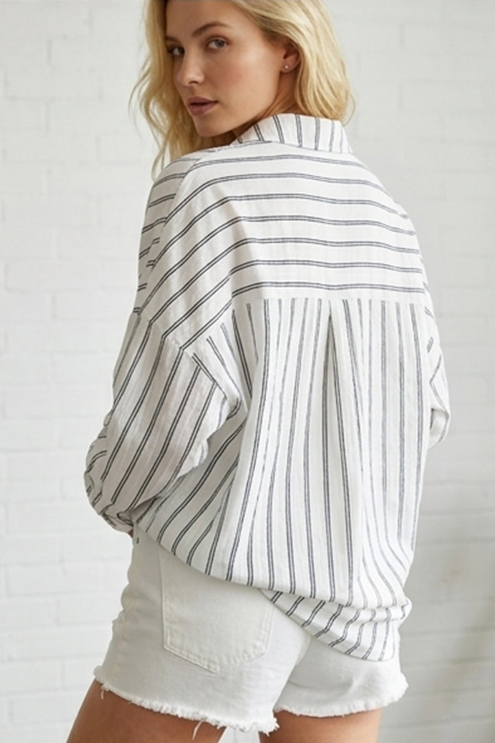 BGD Women Kadın Beyaz Siyah Oversize Çizgili Viskon Gömlek 3900 - Saint-Priest