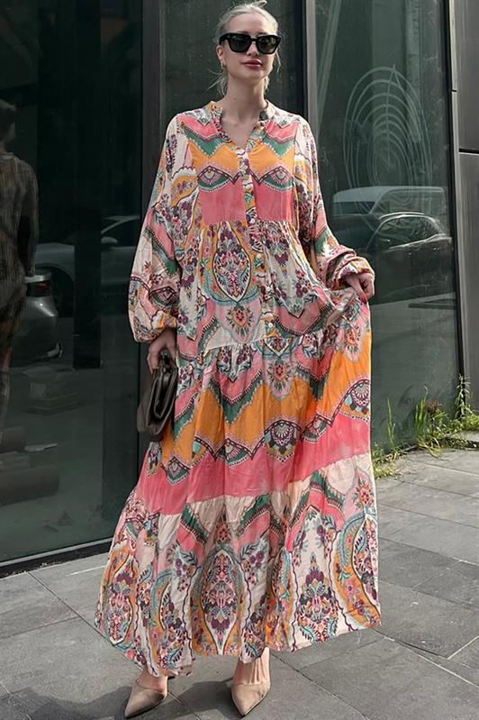 MDX Pink Elastic Waist Half Buttoned Mandarin Collar Floral Dress MG2028 - Heemskerk