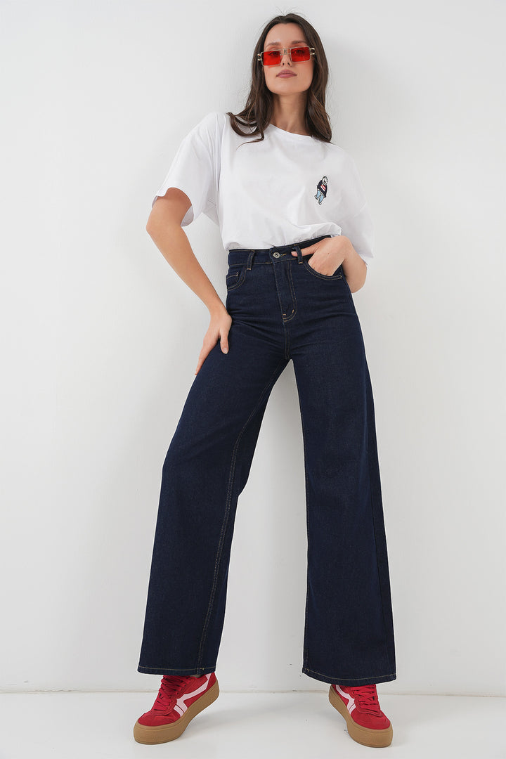BGD Women Women's Wide Leg High Waist Palazzo Denim Pants 6656 - Dark Blue - Zwolle