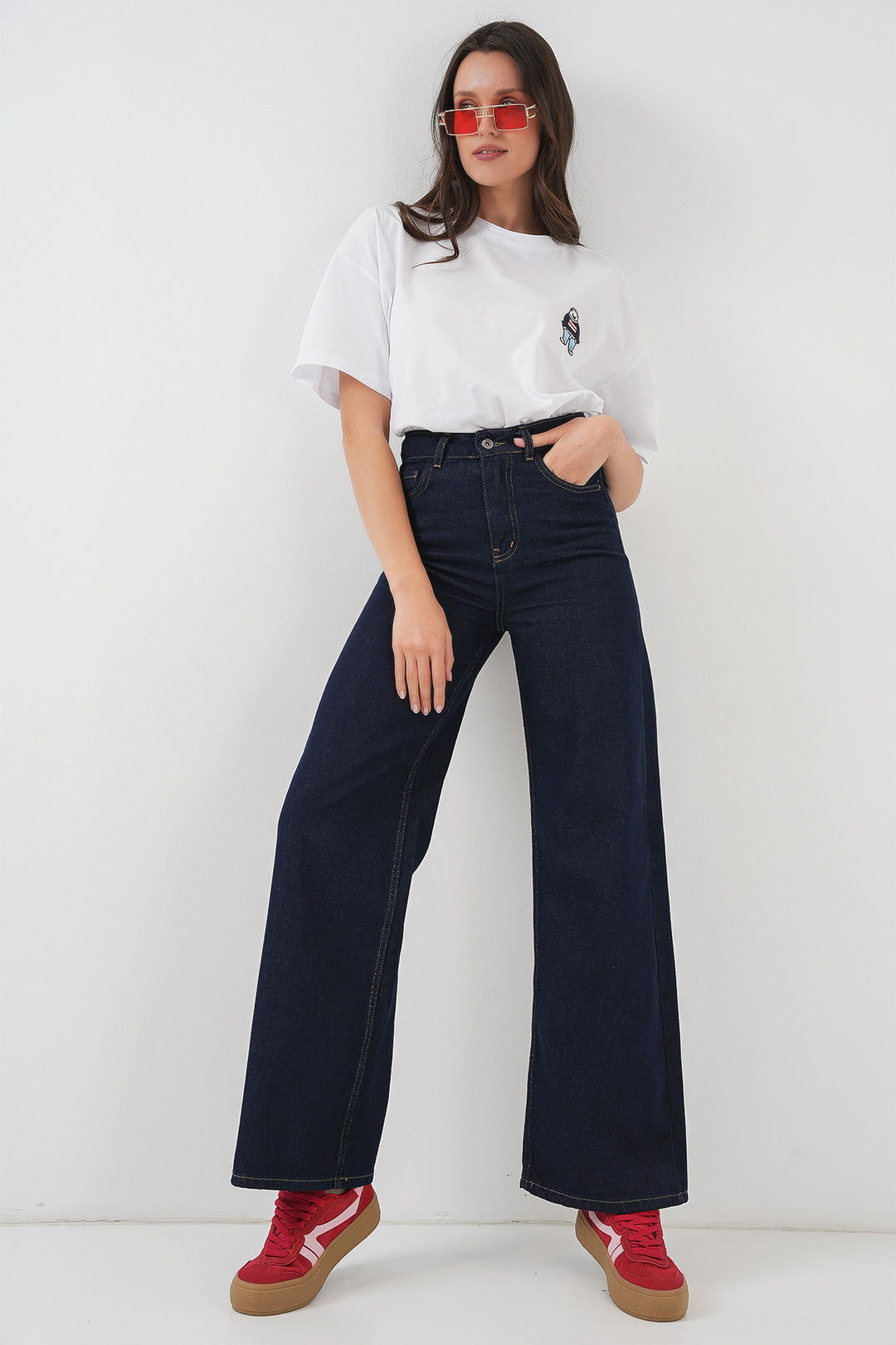 BGD Women Women's Wide Leg High Waist Palazzo Denim Pants 6656 - Dark Blue - Zwolle