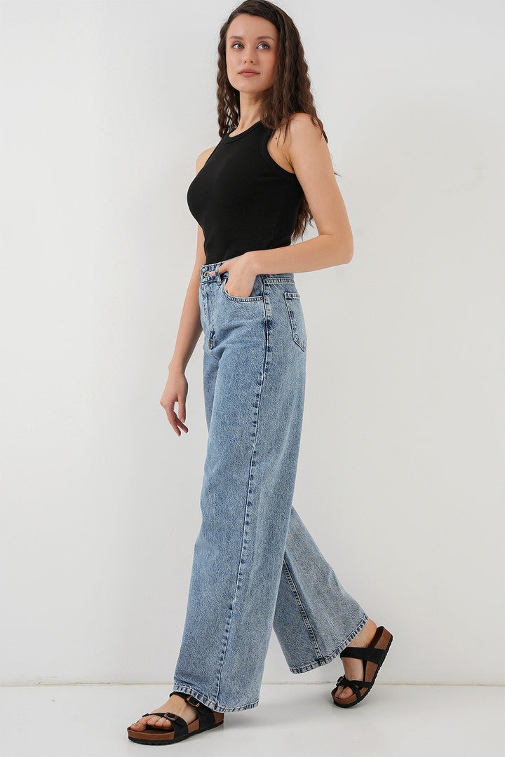 BGD Women Women's Wide Leg High Waist Palazzo Denim Pants 6656 - Blue - Maple Ridge