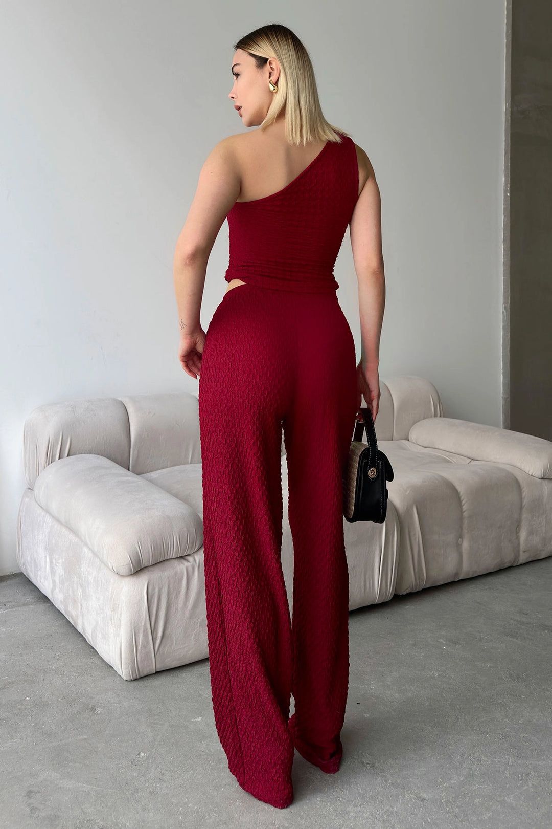 Burgundy Soft Textured Blouse with One Shoulder Neckline and Palazzo Pants Set BCZK-25SA326-SA327 - Ocala
