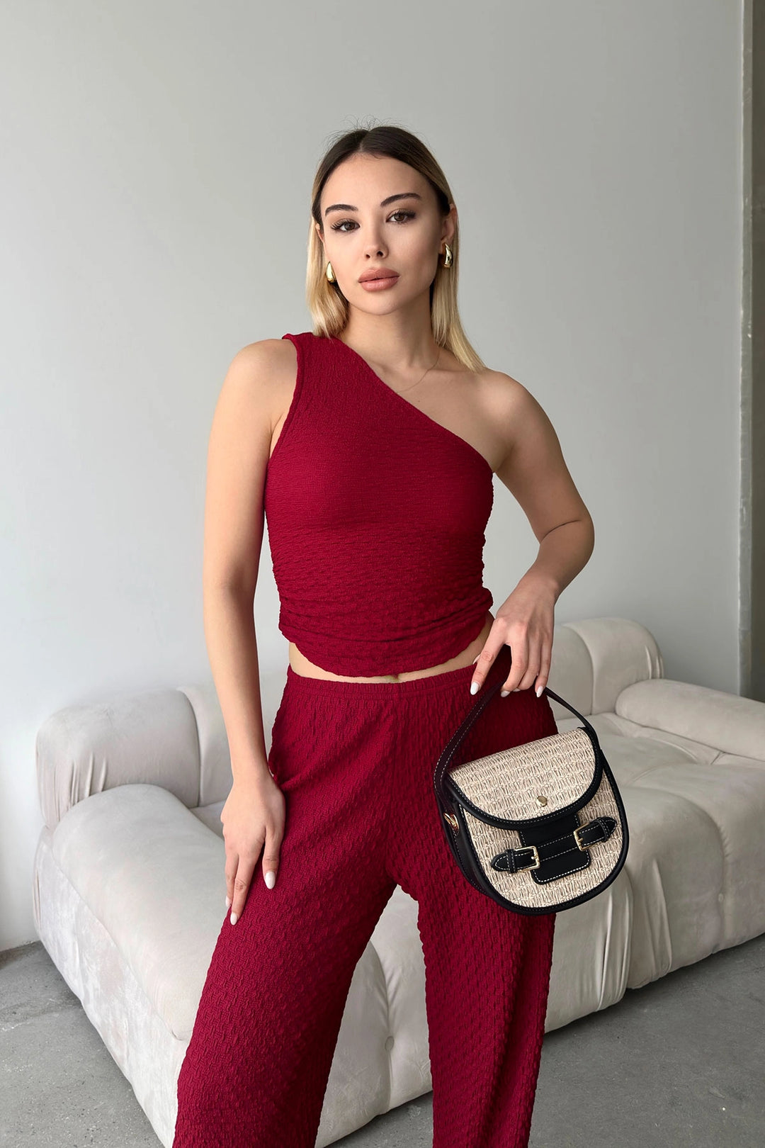 Burgundy Soft Textured Blouse with One Shoulder Neckline and Palazzo Pants Set BCZK-25SA326-SA327 - Ocala