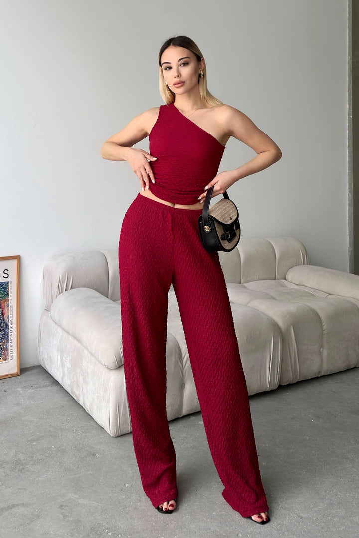 Burgundy Soft Textured Blouse with One Shoulder Neckline and Palazzo Pants Set BCZK-25SA326-SA327 - Ocala