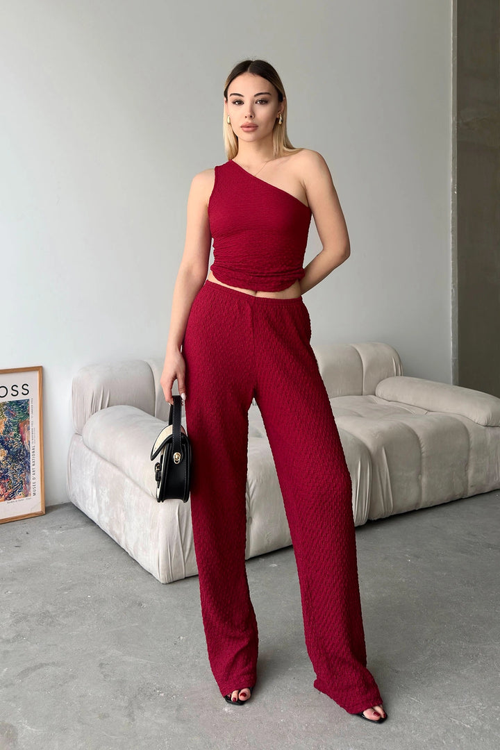 Burgundy Soft Textured Blouse with One Shoulder Neckline and Palazzo Pants Set BCZK-25SA326-SA327 - Ocala