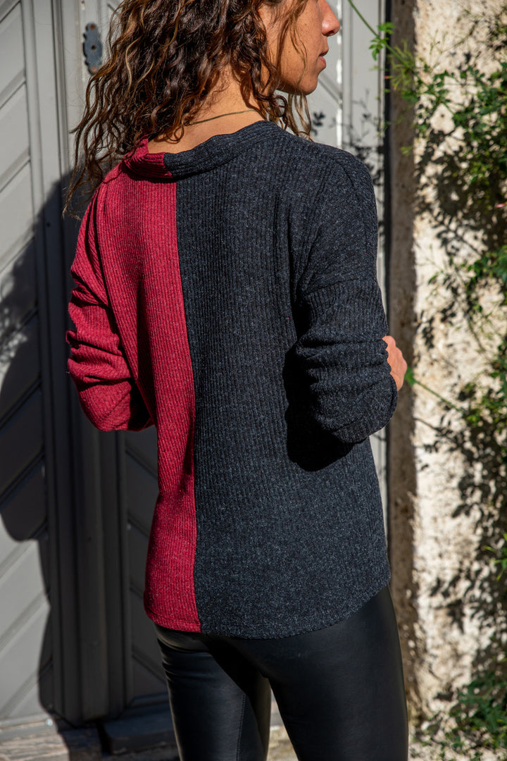GNS Woman Bordeaux V-Neck Color Block Sweater GK-BST30k2778 - Padova