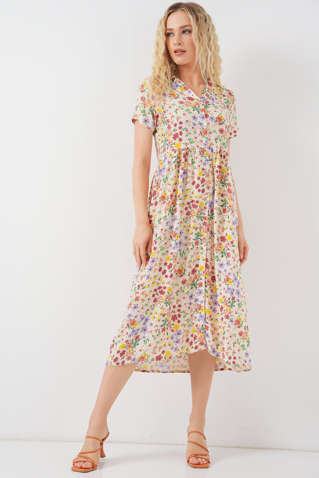 BGD Women Women's Button-Up Short Sleeve Floral Dress 2561 - Cream - Enerhodar