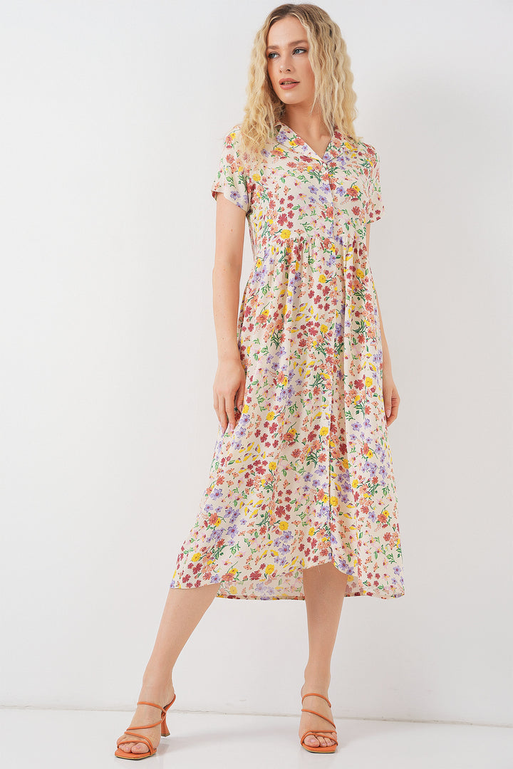 BGD Women Women's Button-Up Short Sleeve Floral Dress 2561 - Cream - Enerhodar