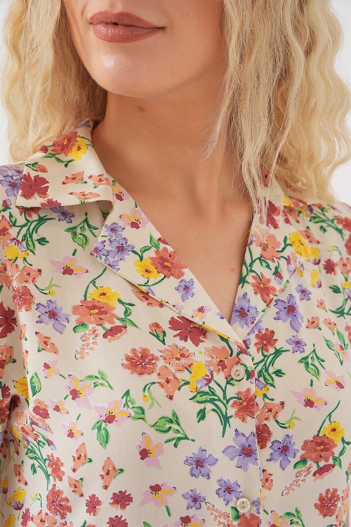 BGD Women Women's Button-Up Short Sleeve Floral Dress 2561 - Cream - Enerhodar