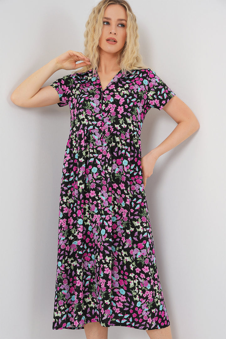 BGD Women Women's Button-Front Short Sleeve Floral Dress 2561 - Black - Kankakee