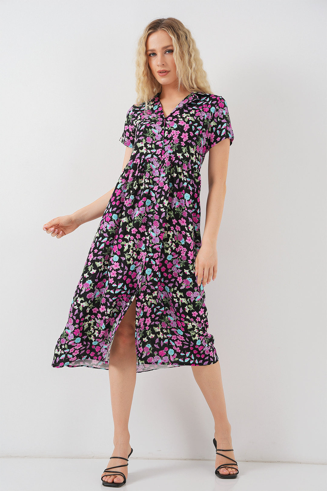 BGD Women Women's Button-Front Short Sleeve Floral Dress 2561 - Black - Kankakee