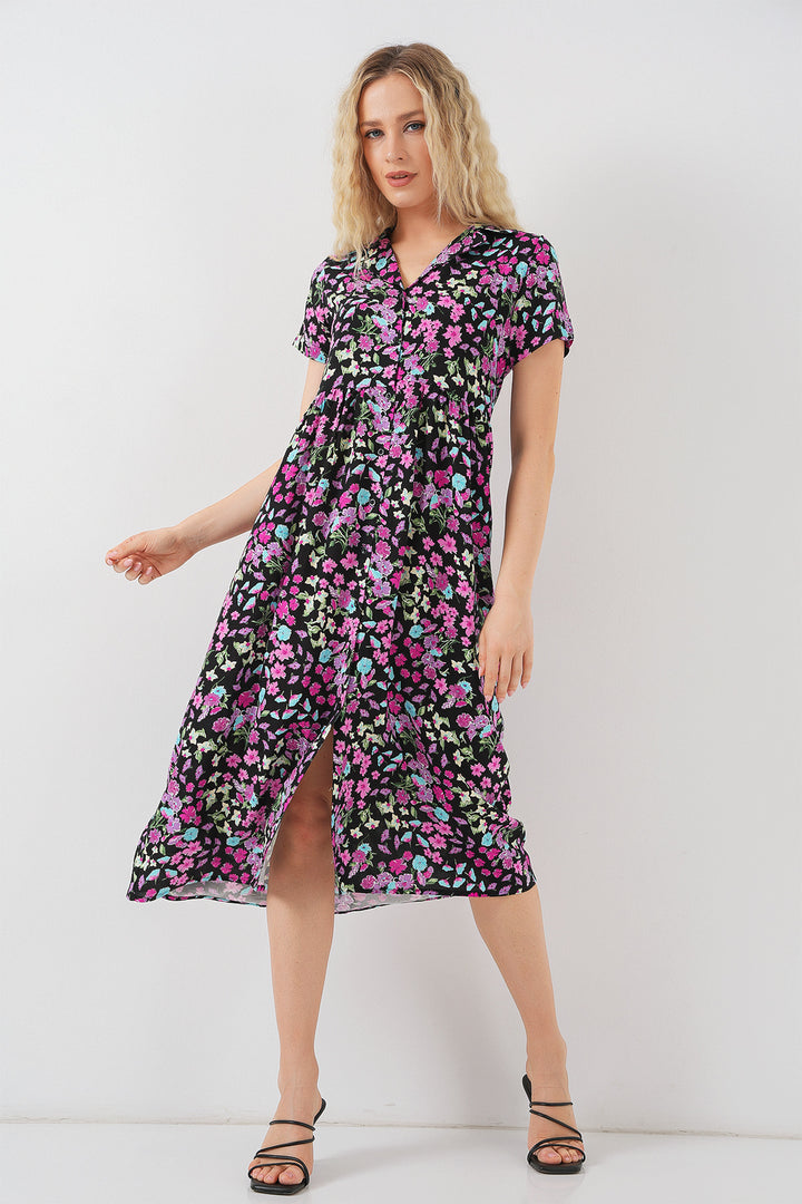 BGD Women Women's Button-Front Short Sleeve Floral Dress 2561 - Black - Kankakee