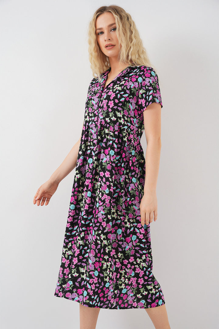 BGD Women Women's Button-Front Short Sleeve Floral Dress 2561 - Black - Kankakee