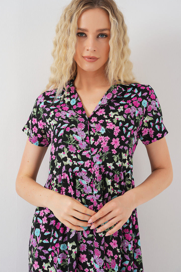 BGD Women Women's Button-Front Short Sleeve Floral Dress 2561 - Black - Kankakee