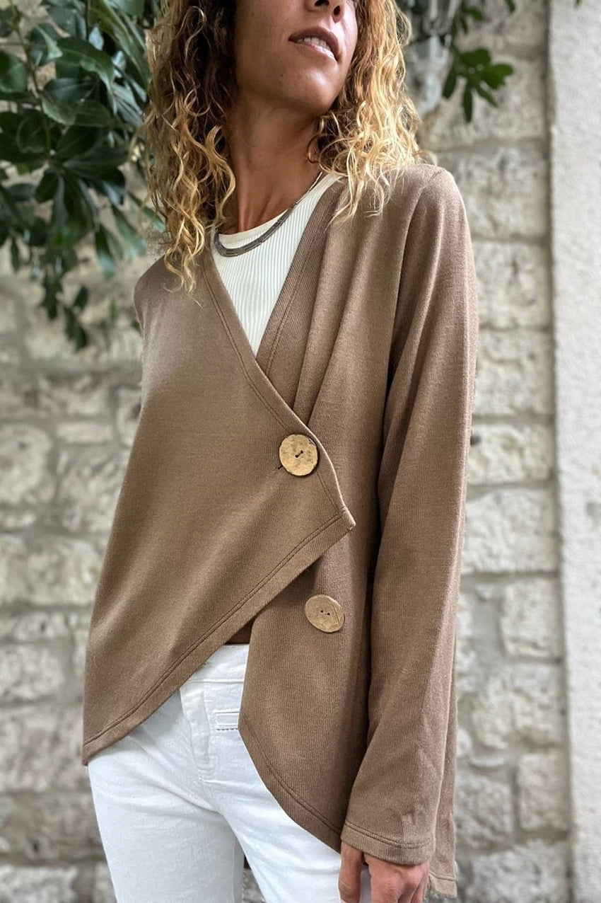 GNS Woman Bronze Shawl Collar Asymmetric Cut Buttoned Slouchy Cardigan Bst3328 - Baton Rouge