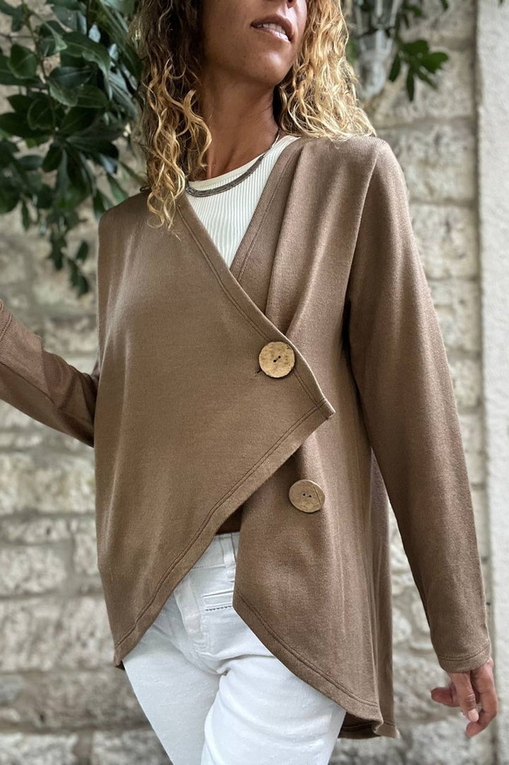 GNS Woman Bronze Shawl Collar Asymmetric Cut Buttoned Slouchy Cardigan Bst3328 - Baton Rouge