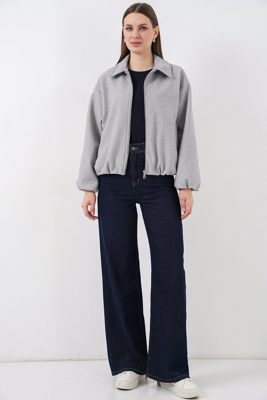 BGD Women Kadın Büzgülü Oversize Kaşe Ceket 0728 - A.Gri - Belleville