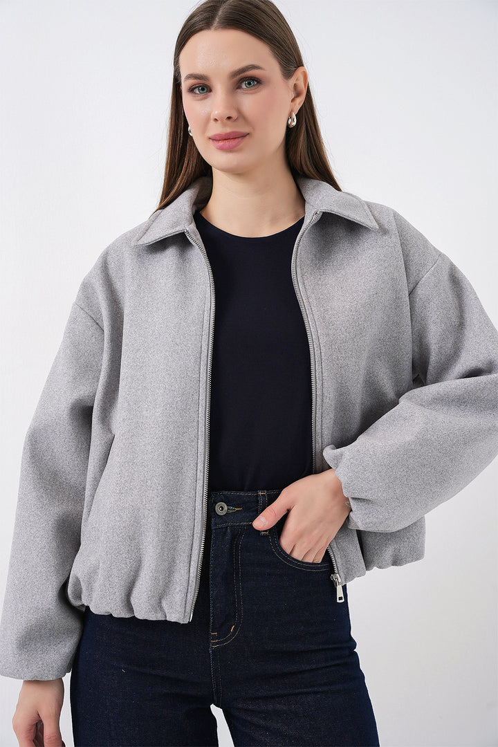 BGD Women Kadın Büzgülü Oversize Kaşe Ceket 0728 - A.Gri - Belleville