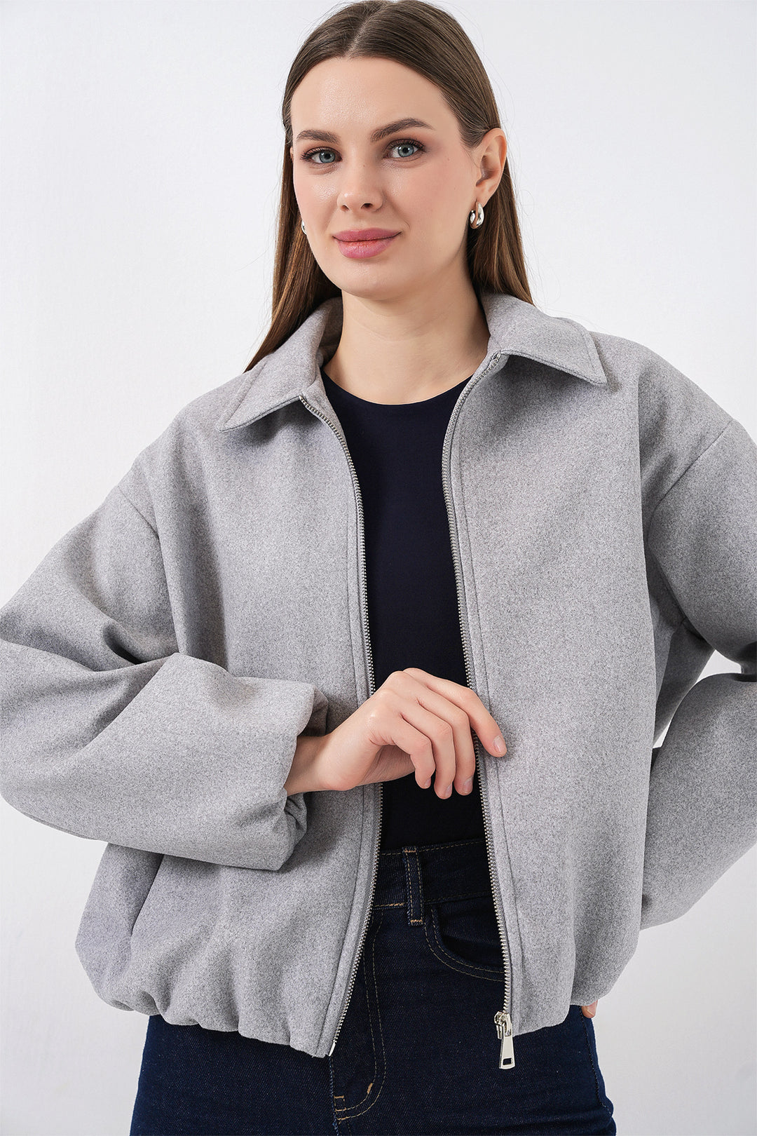 BGD Women Kadın Büzgülü Oversize Kaşe Ceket 0728 - A.Gri - Belleville