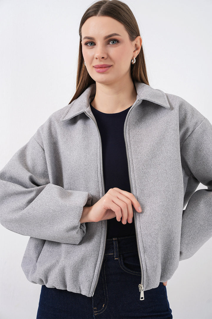 BGD Women Kadın Büzgülü Oversize Kaşe Ceket 0728 - A.Gri - Belleville