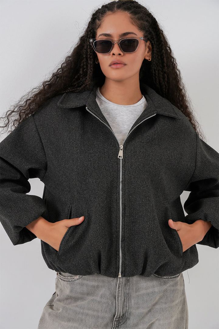 BGD Women Kadın Büzgülü Oversize Kaşe Ceket 0728 - Antrasit - Kitchener