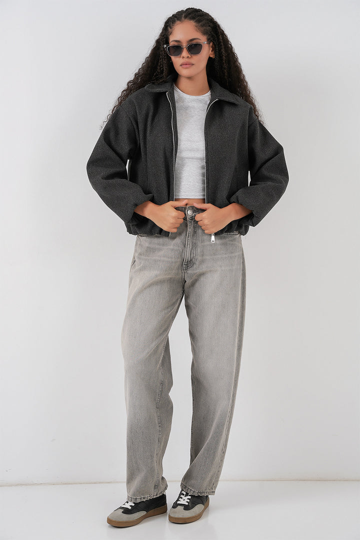 BGD Women Kadın Büzgülü Oversize Kaşe Ceket 0728 - Antrasit - Kitchener
