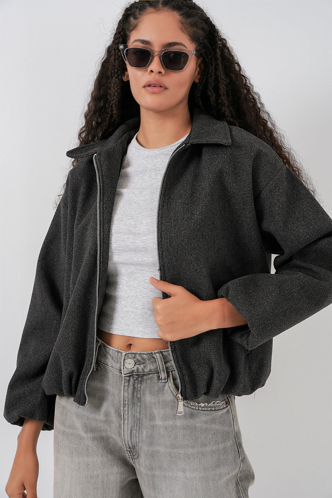 BGD Women Kadın Büzgülü Oversize Kaşe Ceket 0728 - Antrasit - Kitchener