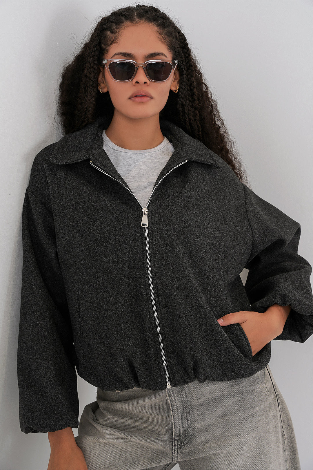 BGD Women Kadın Büzgülü Oversize Kaşe Ceket 0728 - Antrasit - Kitchener