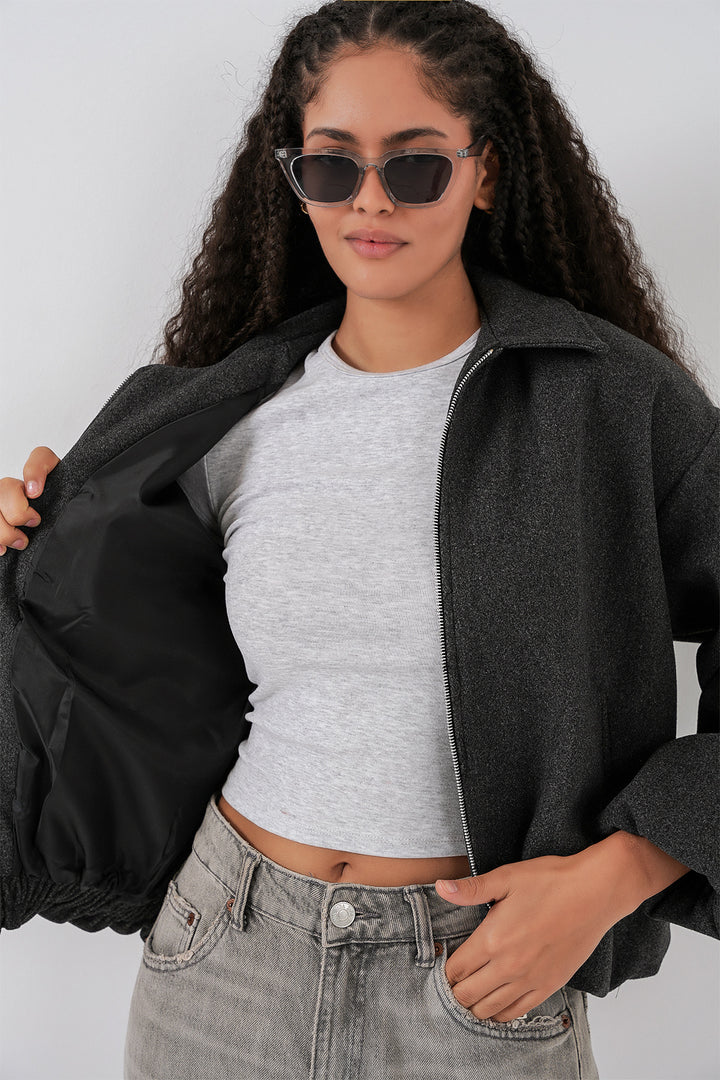 BGD Women Kadın Büzgülü Oversize Kaşe Ceket 0728 - Antrasit - Kitchener