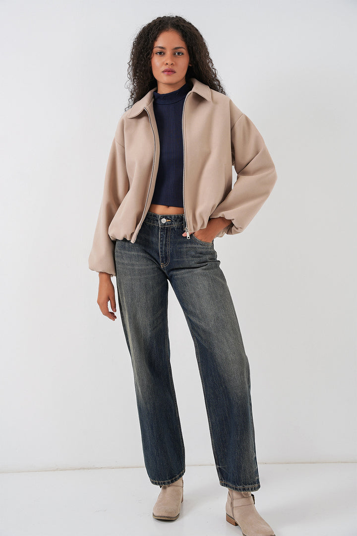 BGD Women Kadın Büzgülü Oversize Kaşe Ceket 0728 - Bej - Murray