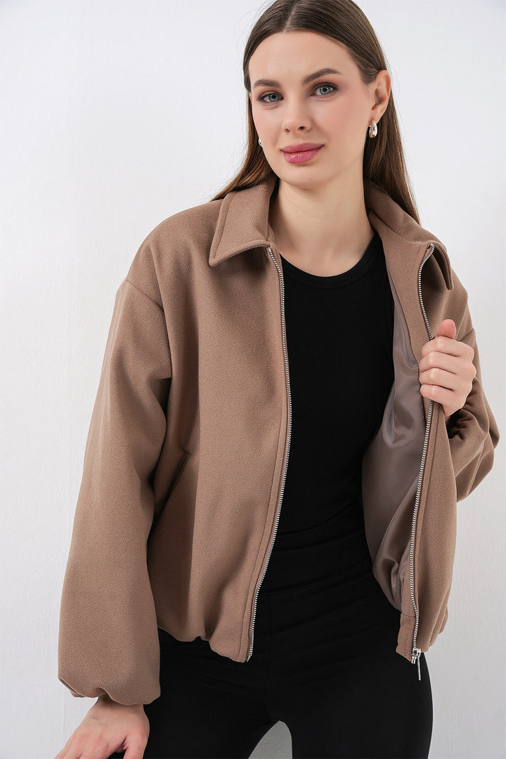 BGD Women Kadın Büzgülü Oversize Kaşe Ceket 0728 - Bisküvi - Horad Zhodzina