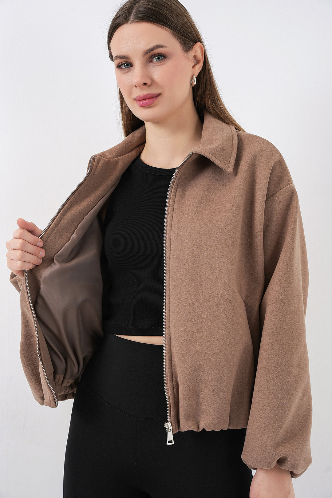 BGD Women Kadın Büzgülü Oversize Kaşe Ceket 0728 - Bisküvi - Horad Zhodzina