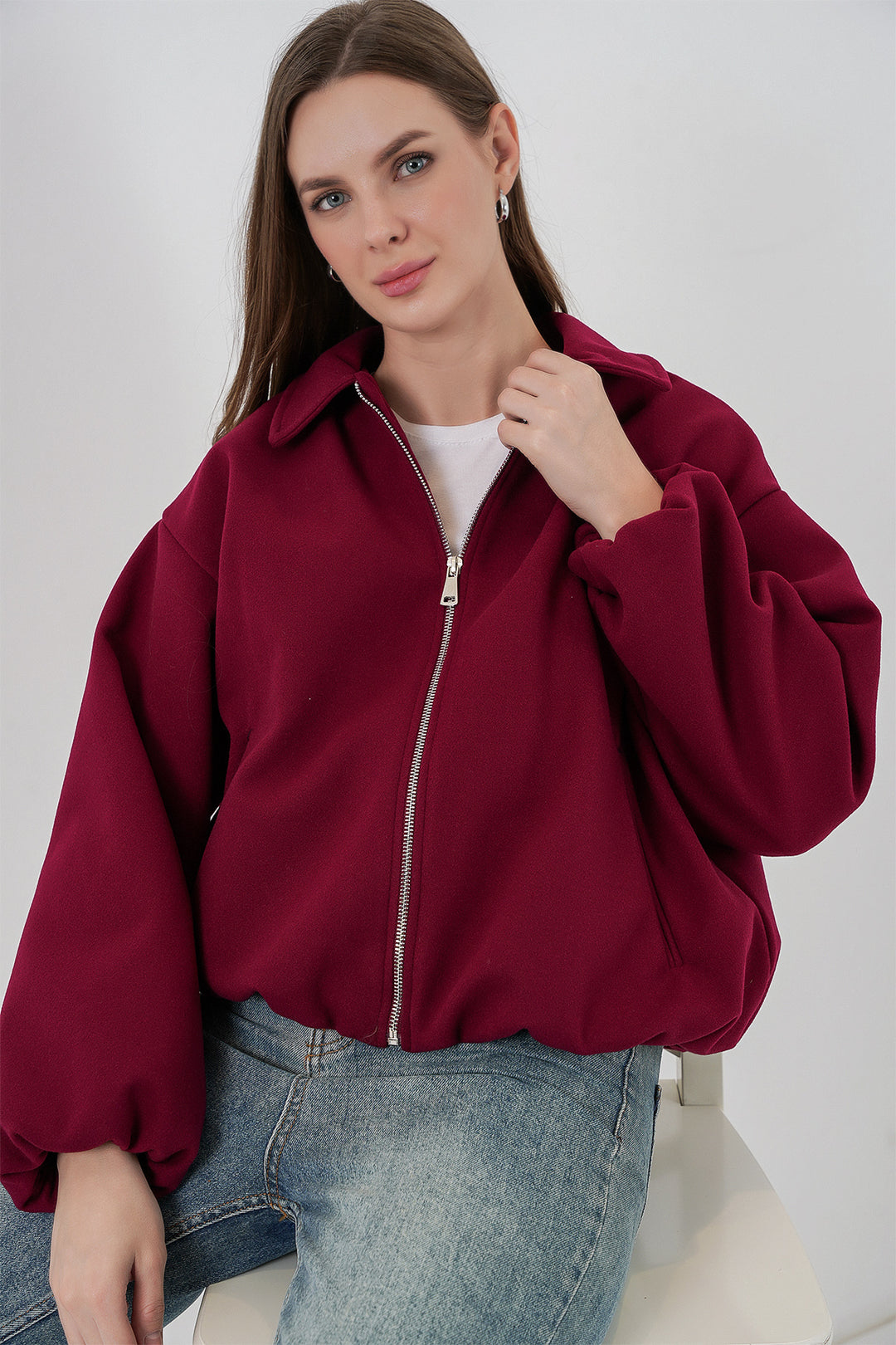 BGD Women Woman Ruffled Oversized Coat 0728 - Burgundy - Temecula