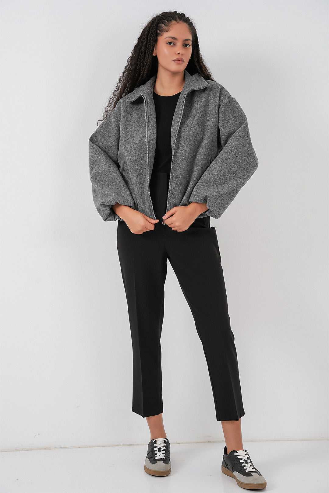 BGD Women Kadın Büzgülü Oversize Kaşe Ceket 0728 - Gri - Ciudad General Escobedo