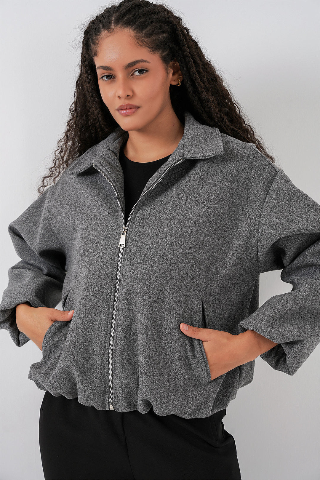 BGD Women Kadın Büzgülü Oversize Kaşe Ceket 0728 - Gri - Ciudad General Escobedo