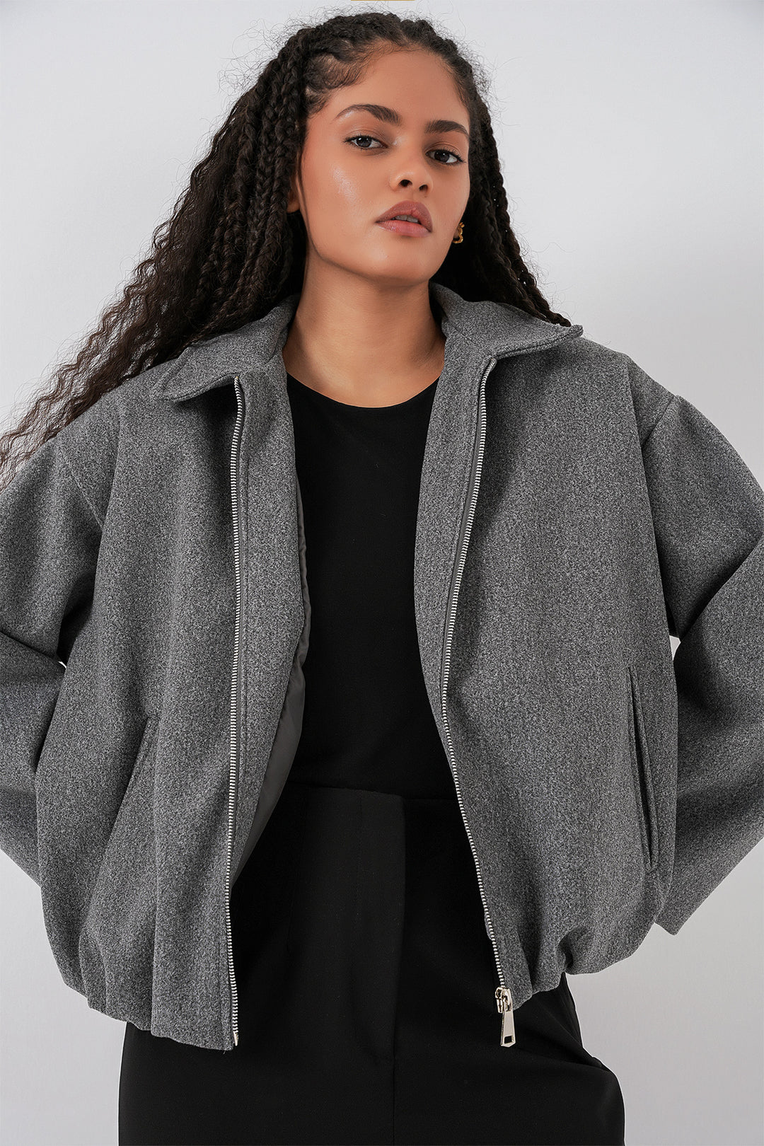 BGD Women Kadın Büzgülü Oversize Kaşe Ceket 0728 - Gri - Ciudad General Escobedo