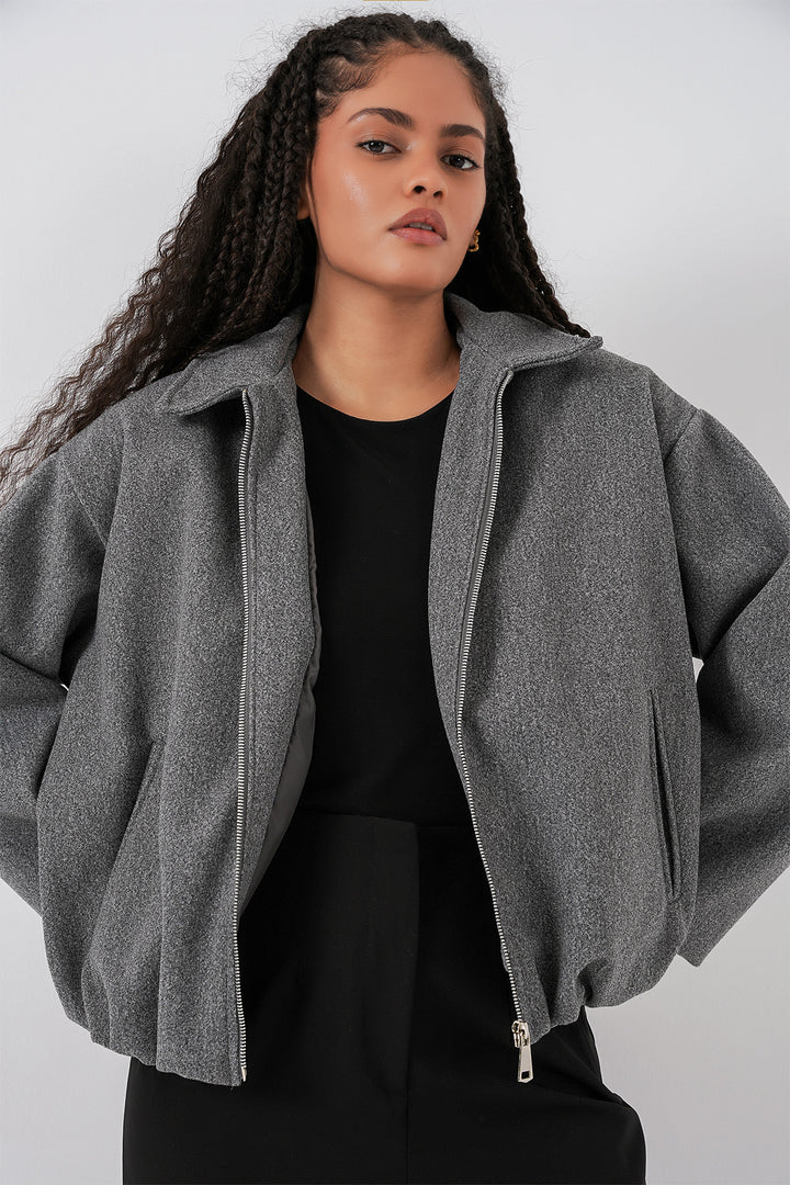 BGD Women Kadın Büzgülü Oversize Kaşe Ceket 0728 - Gri - Ciudad General Escobedo