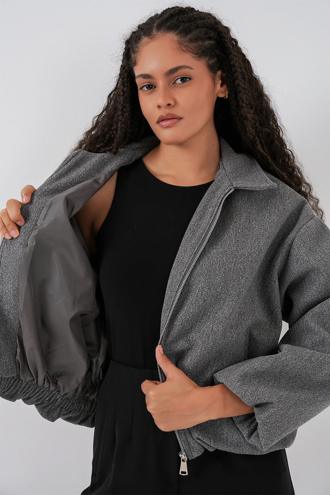 BGD Women Kadın Büzgülü Oversize Kaşe Ceket 0728 - Gri - Ciudad General Escobedo