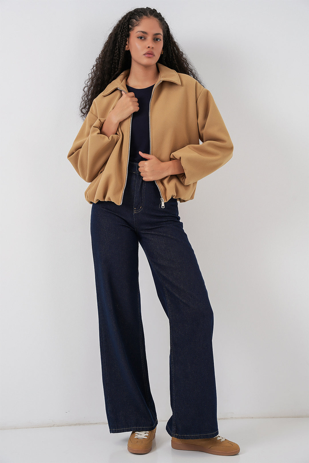 BGD Women Kadın Büzgülü Oversize Kaşe Ceket 0728 - Hardal - Puerto Vallarta