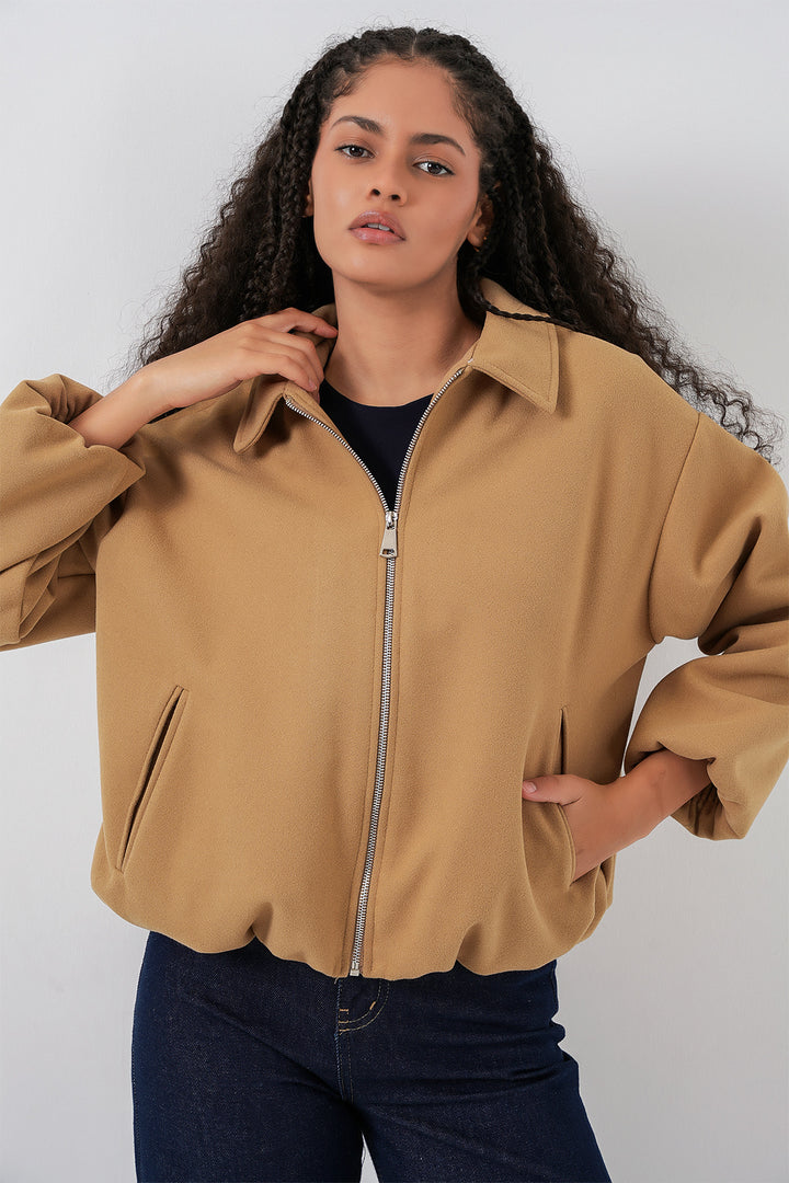 BGD Women Kadın Büzgülü Oversize Kaşe Ceket 0728 - Hardal - Puerto Vallarta