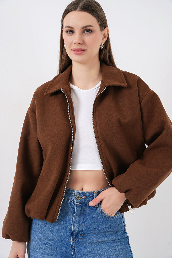 BGD Women Kadın Büzgülü Oversize Kaşe Ceket 0728 - Sütlü Kahve - Peterborough